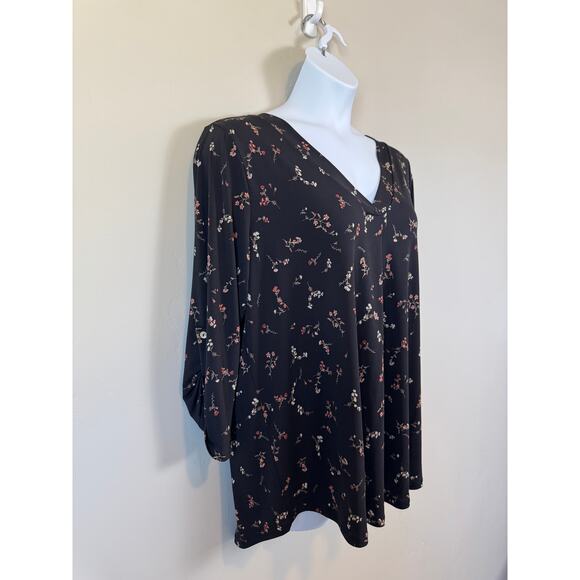 NWT Beacon Black Floral Top Blouse Sz 2X Roll Tab Sleeve Boho Casual Career - Picture 3 of 11